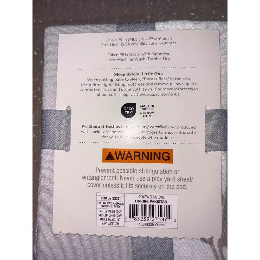 Cloud Island Play‎ Yard Sheets Baby 27x39 Grey White NEW 2-Pack Animal Solid